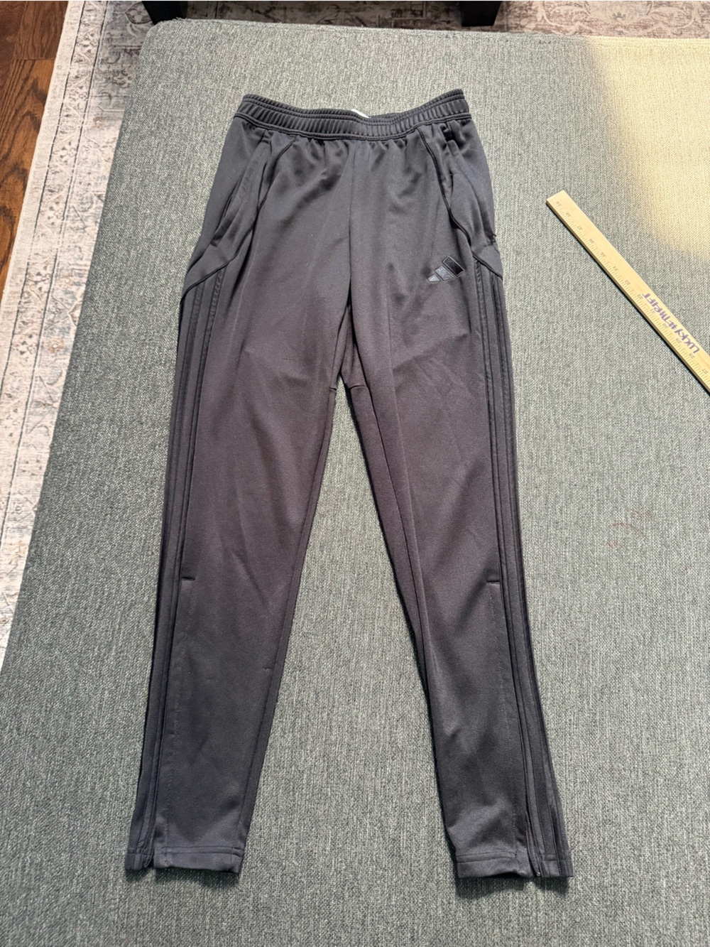 Black adult adidas Athletic Track Pants with theee stripes & zipper bottom Sm